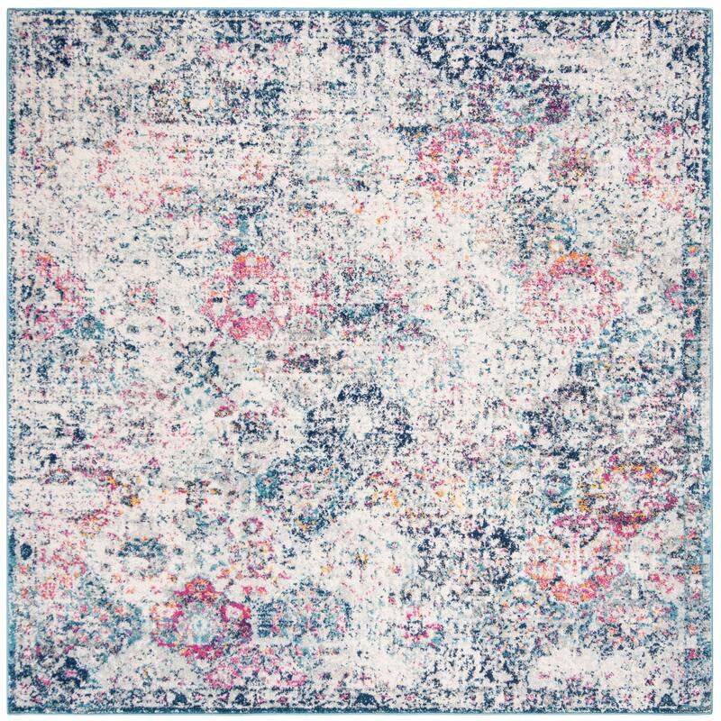 SAFAVIEH Madison Bettylou Boho Chic Distressed Area Rug - 4' x 4' Square - Navy/Teal - Square/Runner