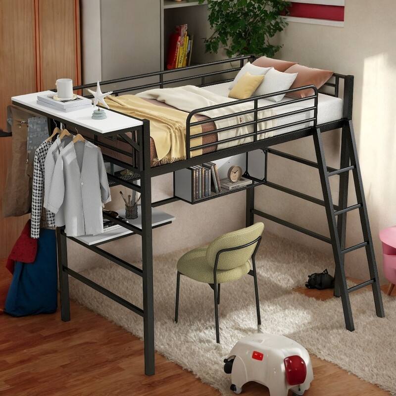Twin Size Loft Bed Frame with 2-Shelves, Metal Kids Bed with Desk and ...