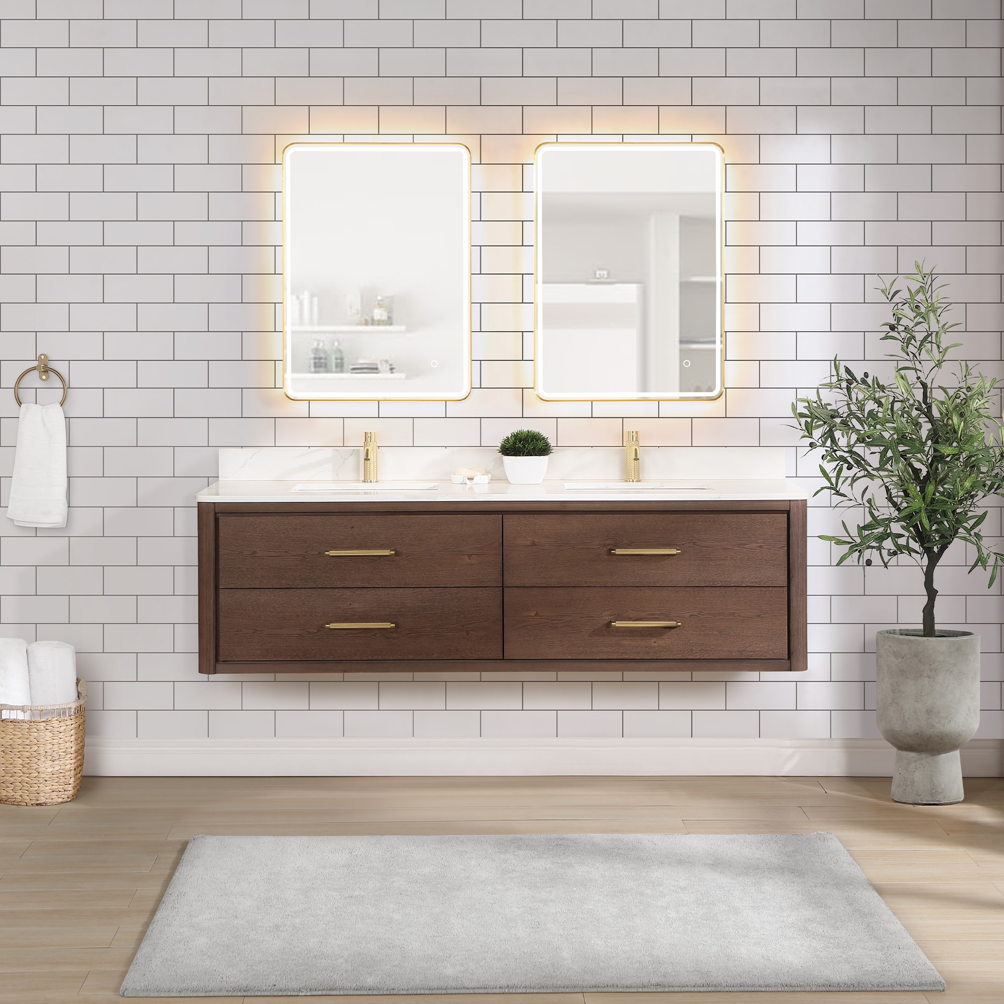 Vinnova Cristo Floating Bath Vanity with White Quartz Stone Top and Mirror