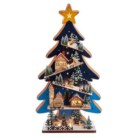 Kurt Adler 23.6-inch Lighted Wooden Christmas Tree with Village Scene