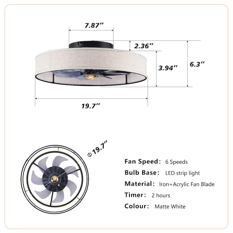 Cusp Barn 20" Farmhouse Flush Mount Ceiling Fan with Light, Quiet DC Motor Fabric Shade Fandelier Ceiling Fan For Living Room