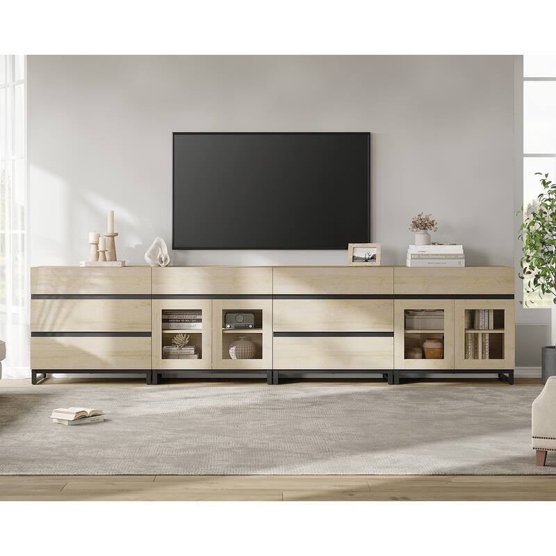 Modern 4 in 1 TV Stand for 120" TVs, Console with Glass Doors & 8 Drawers, Entertainment Center
