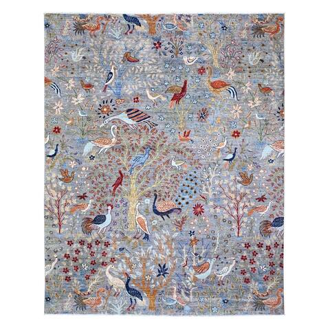 Shahbanu Rugs Silver Chalise Gray Afghan Peshawar with Birds of Paradise Design Natural Dyes Wool Hand Knotted Rug (8'0"x9'10")