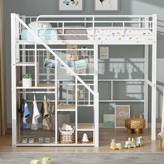 Metal Bed with Storage Staircase, and Wardrobe, Twin Size Loft Bed