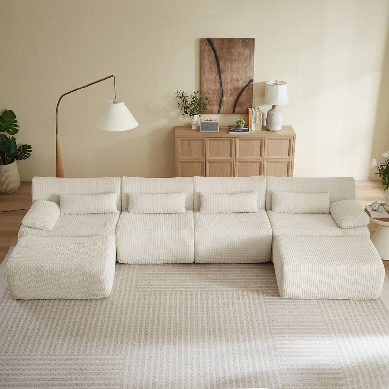 141.7" U-Shaped Corduroy Sectional Sofa with 2 Ottomans, No Assembly Required - Cream