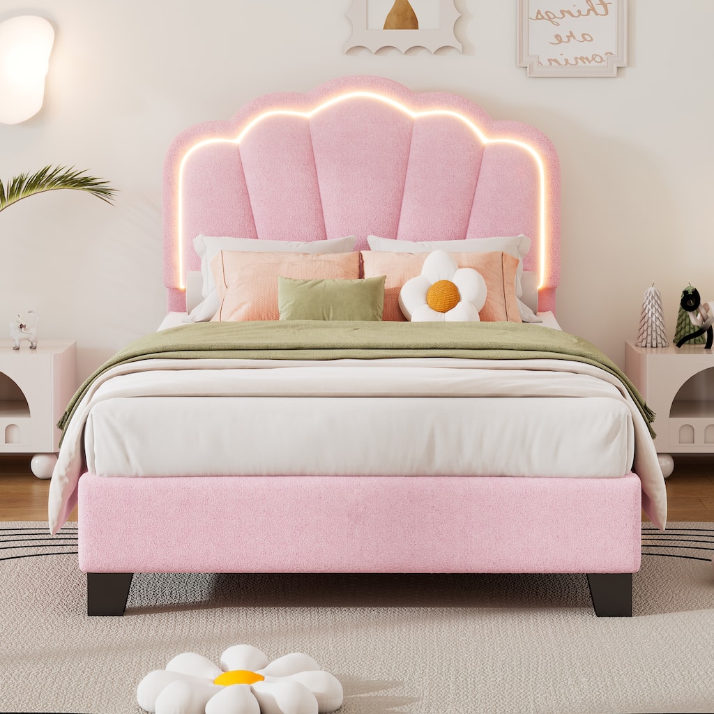 Twin Size Flower-Shape Upholstered Bed with LED Light Strip, Adjustable Headboard, Pink