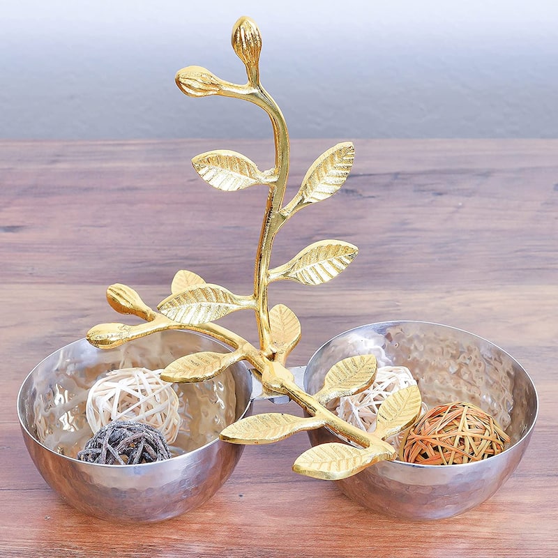 Berkware Shiny Polished Stainless Steel Two Sectional Serving Bowl with Gold Leaf Handle