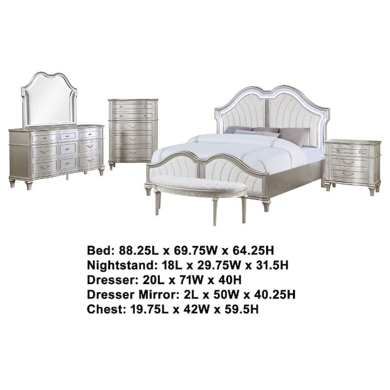Nive 5pc Queen Bedroom Set, Silver, Ivory Channel Tufted Upholstery