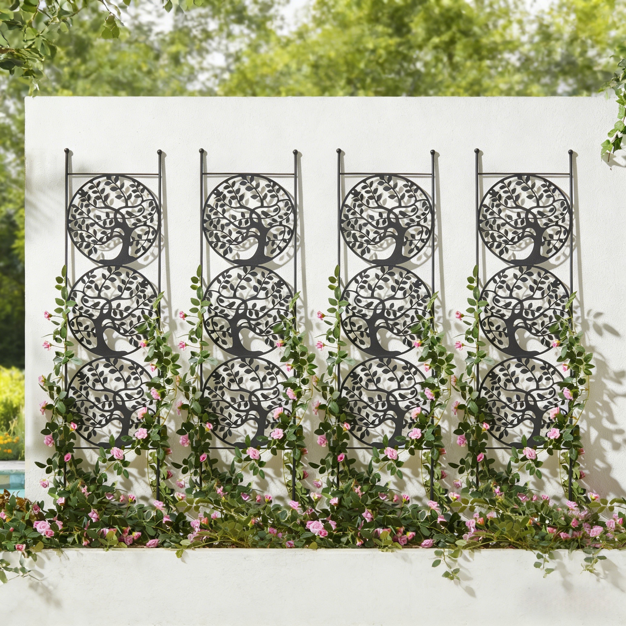 Glitzhome 4 Pack Outdoor Metal Panel Garden Trellises for Climbing Plants with Stakes
