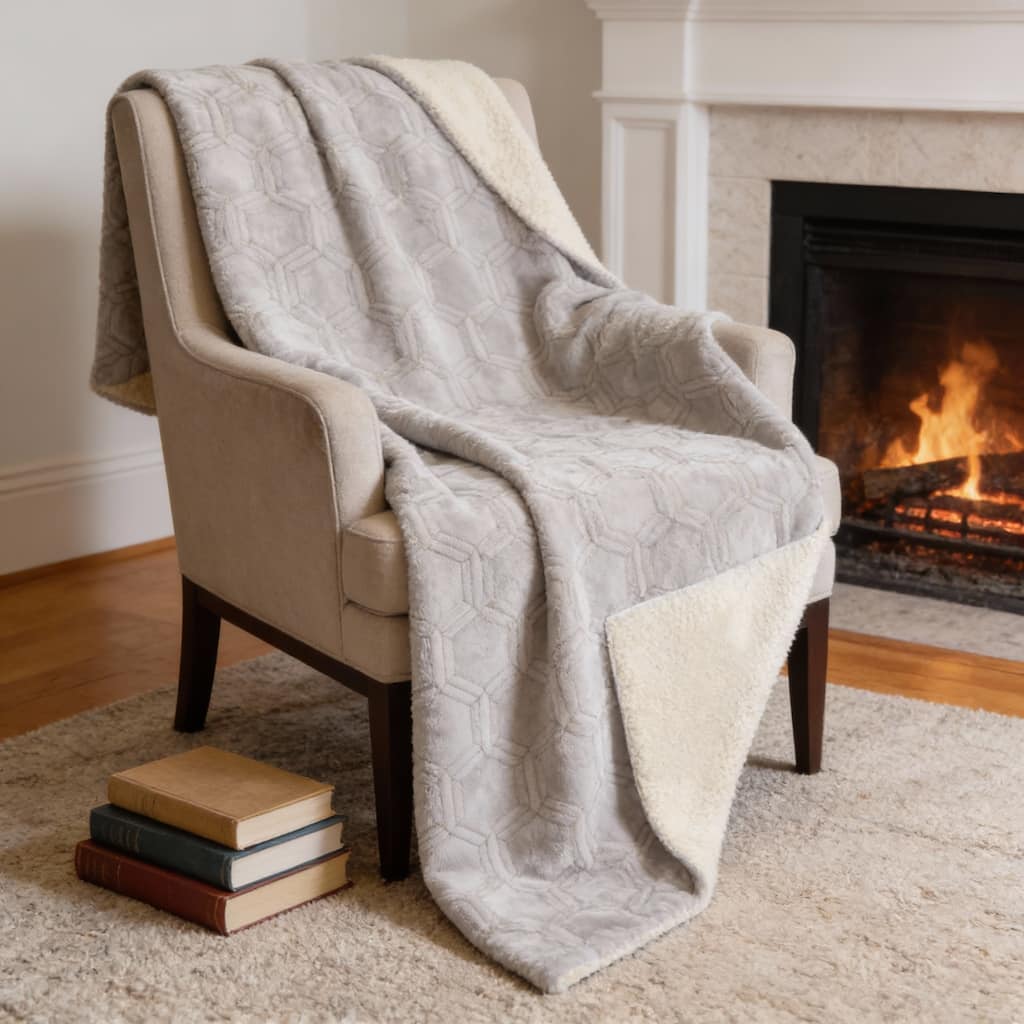 HomeRoots 50" X 70" Ivory And Beige Geometric Microfiber Plush Throw Blanket
