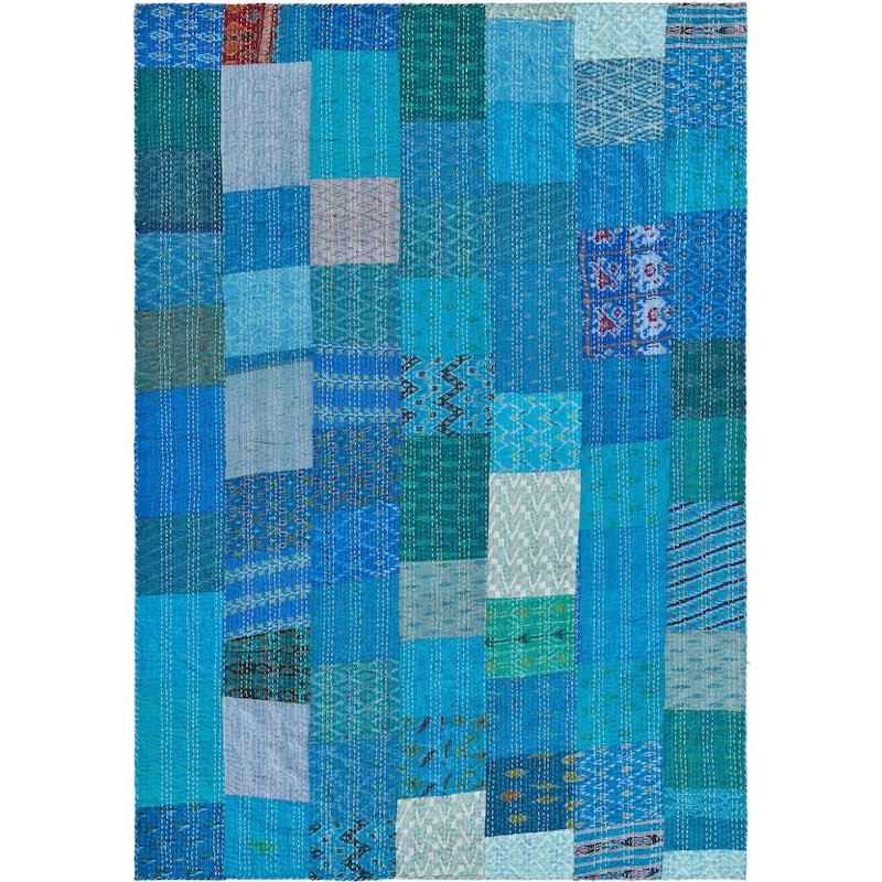 70" X 50" Blue Kantha Silk Patchwork Throw Blanket with Embroidery