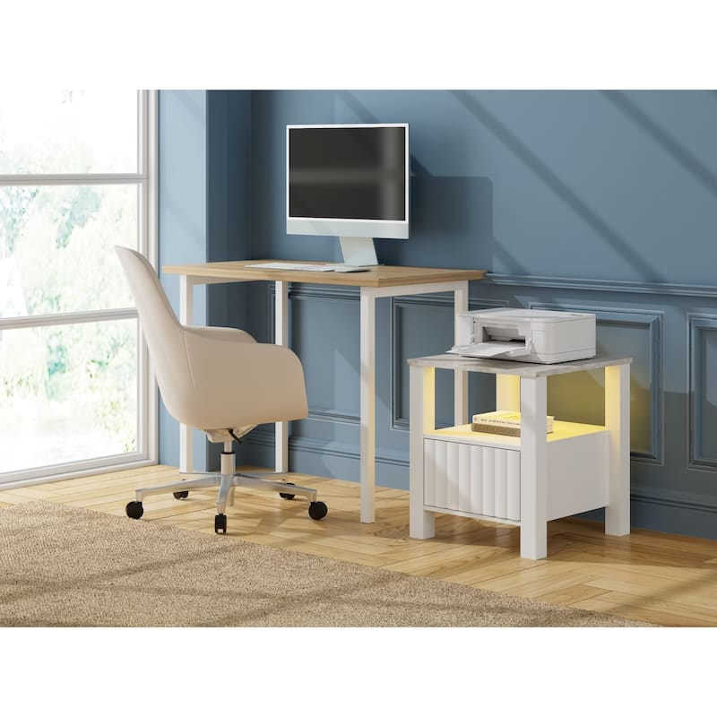 End Side Table with LED Light, White Nightstand with Storage(Set of 2)