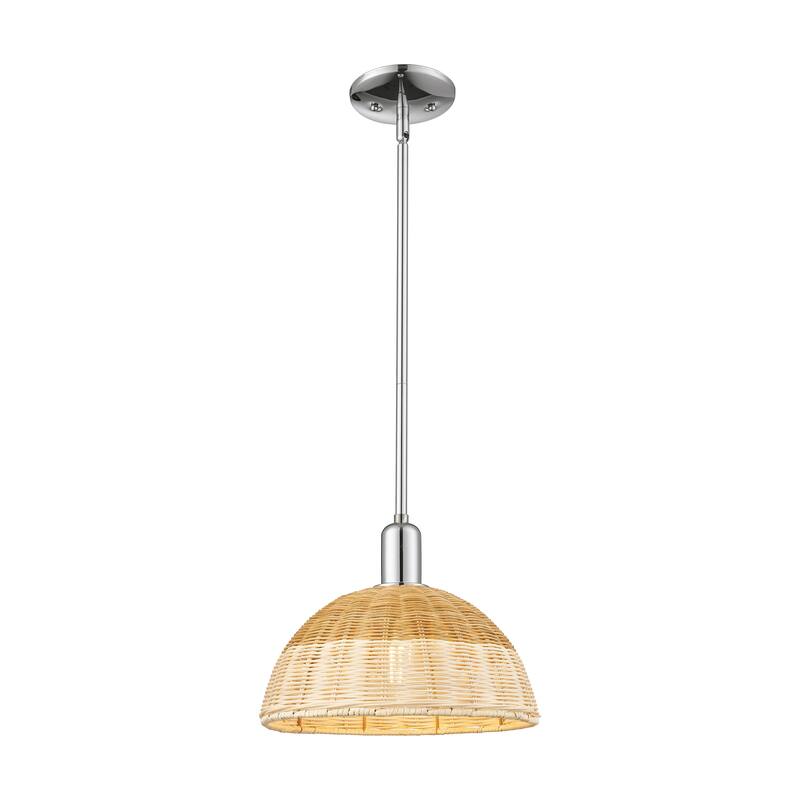 Innovations Lighting Downtown Urban - Natural Ballston Dome - 1 Light Stem Hung Mini Pendant with Basketweave Shade - Polished Chrome - 12"