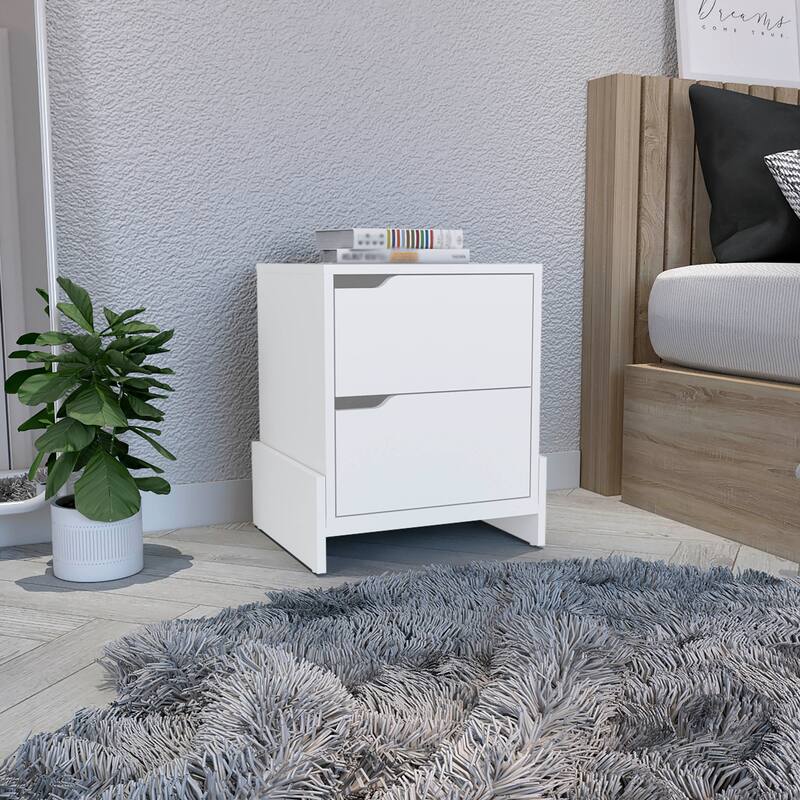 Modern easy-to install bedside Nightstand with 2 Drawers,openwork gola handles,with floor fixing two sturdy particle board legs - White