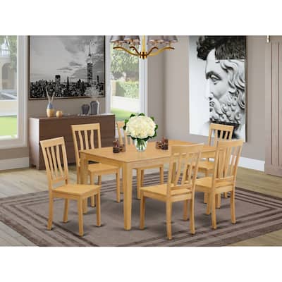 HomeStock 7-Piece Rectangle Natural Oak Finish Solid Wood Top Dining Table with 6 Chairs with Lattice Back