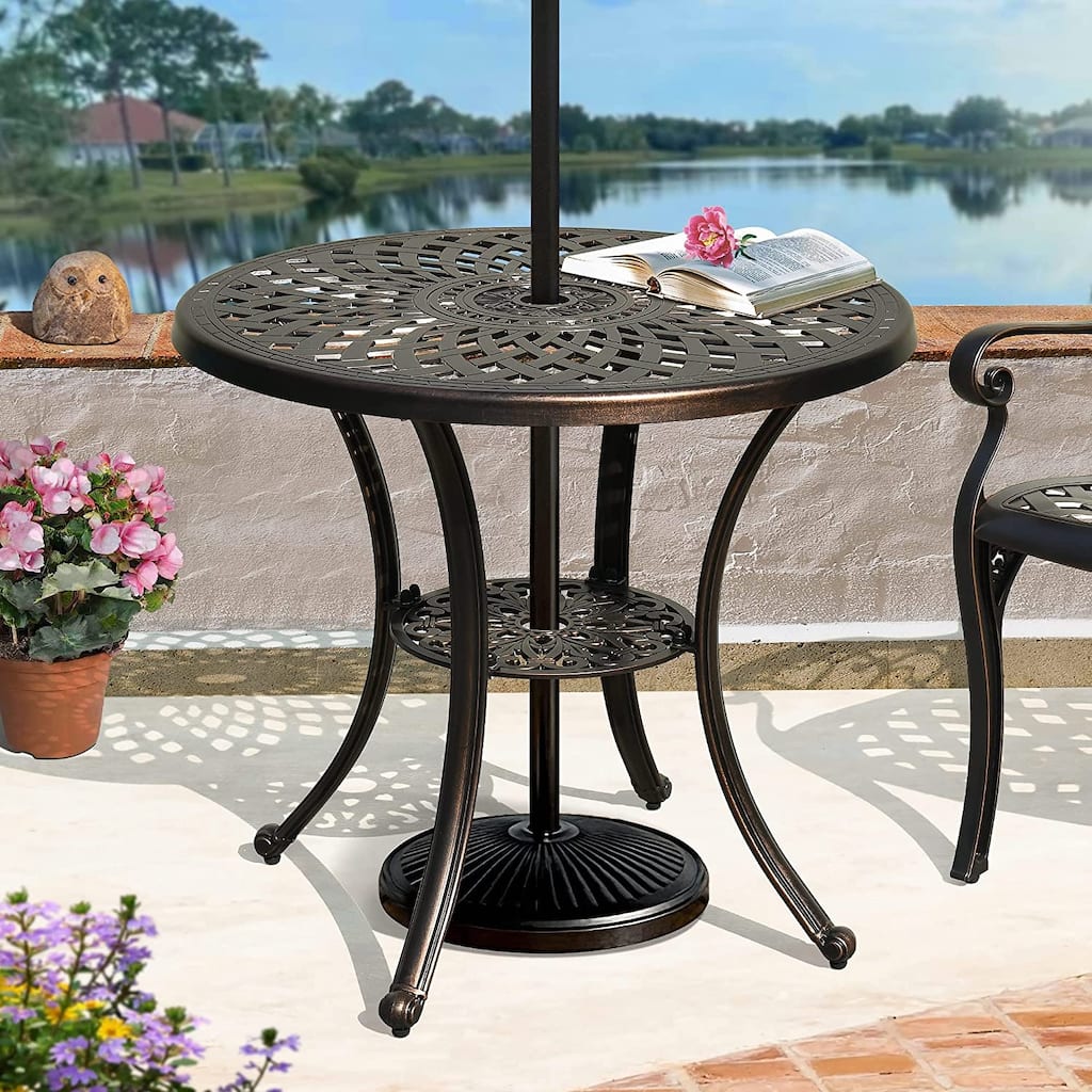 Moasis 30" Round Patio Dining Table Cast Aluminum Outdoor Bistro Table With Umbrella Hole