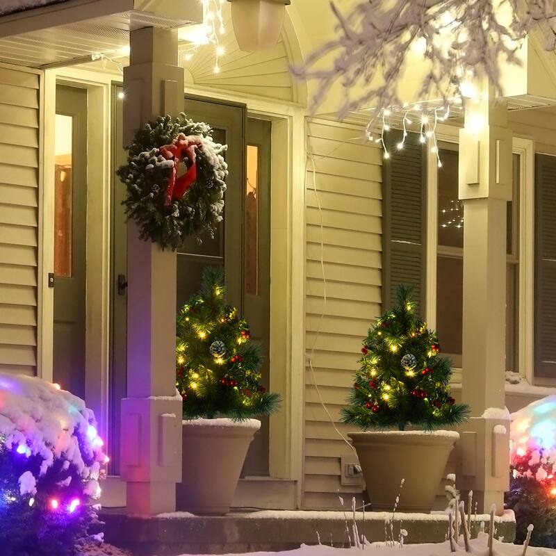 2.5FT Outdoor Pre-Lit Artificial Pine Cordless with 24 Warm White Lights & Stakes(2PCS Sets)