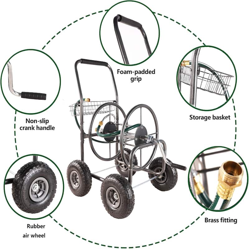 4 Wheels Portable Garden Hose Reel Cart with Storage Basket - 4 Wheels