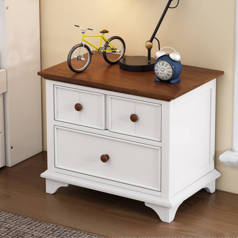 Roomfitters Wooden Captain Two-Drawer Nightstand, Kids' Night Stand and End Side Table for Bedroom, White and Walnut