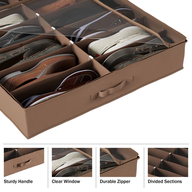 Under-Bed Shoe Organizer - Nylon Storage Bin with Clear Plastic Zippered Cover by Everyday Home (Brown)