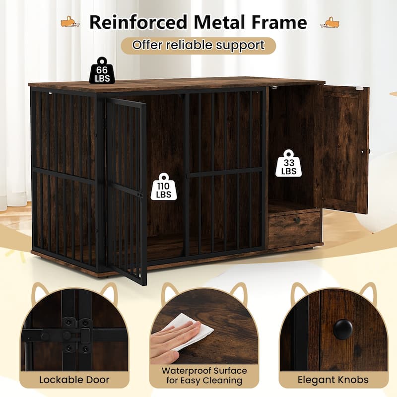 Gymax 47 5''Dog Crate End Table w/ Hidden Bowls & Storage