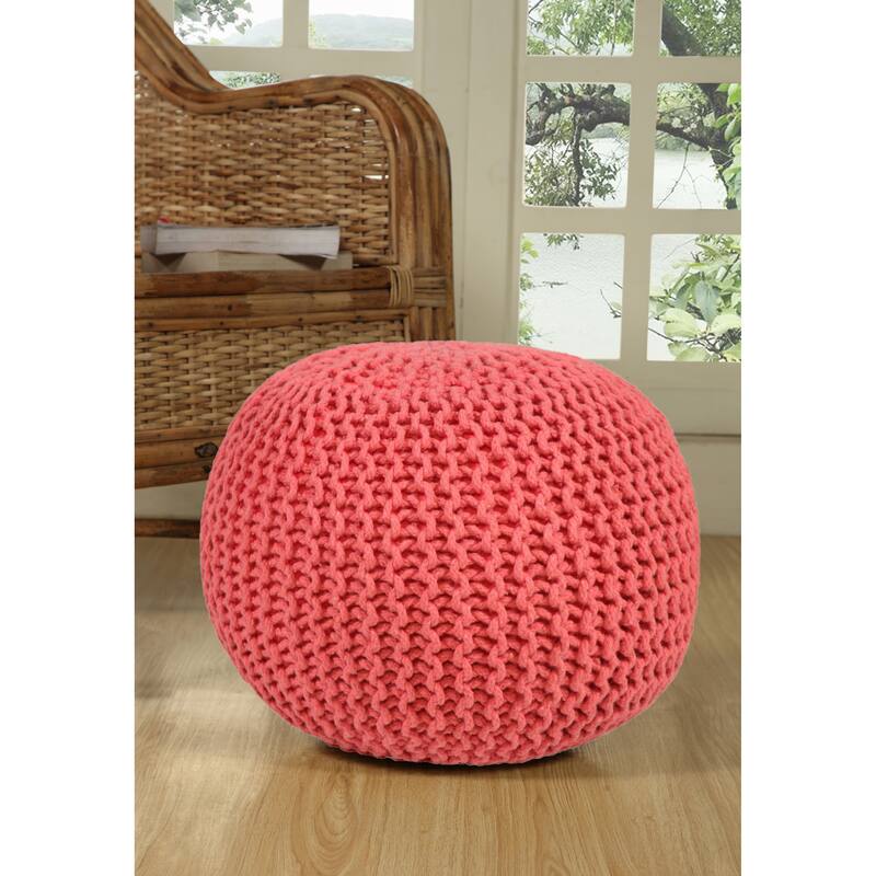 AANNY Designs Lychee Knitted Cotton Round Pouf Ottoman - Coral
