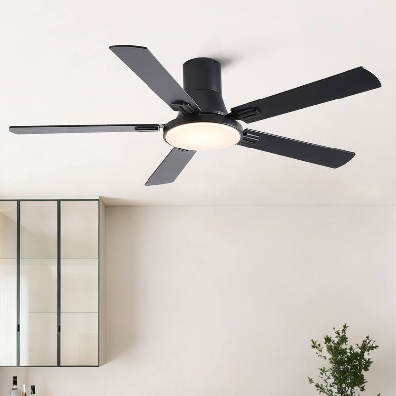 Sofucor 52 Inch Low Profile Flush Mount 5 Blades Ceiling Fan with Dimmable Light and Remote Control - 52 Inches