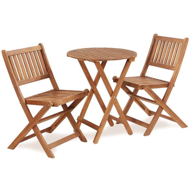 Acacia Wood Bistro Set with 2 Folding Chairs & Round Table, 3-Piece