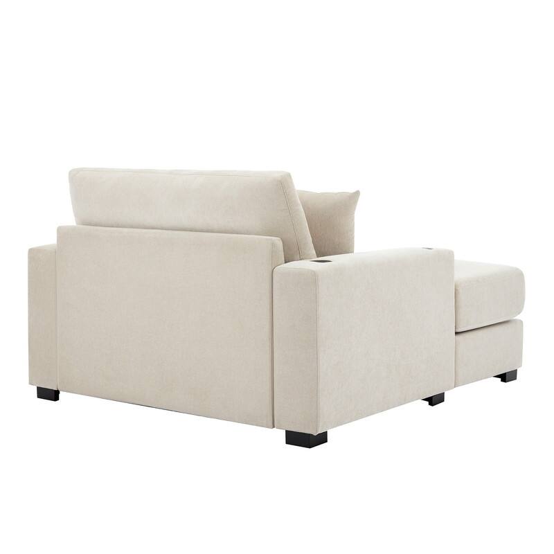 Chenille Fabric Oversized Chaise Lounger, 39.7''/43.5''/55'' Chair Bed Sofa Couch with Pillows, Charge Station & Cup Holders