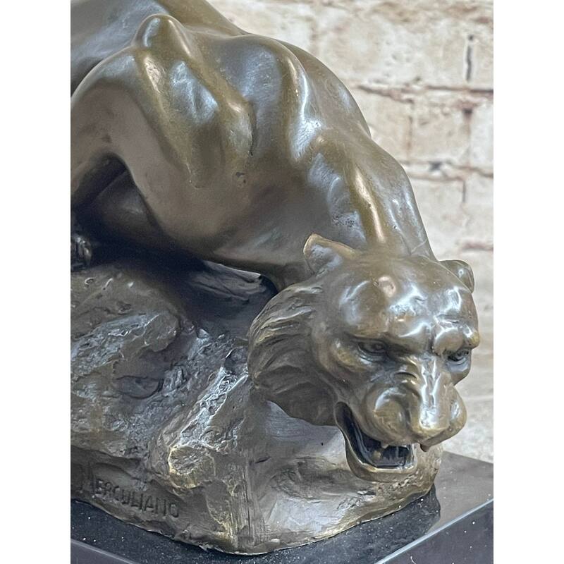Sabre Tooth Tiger Lion Panther Bronze Sculpture Statue On Marble Base
