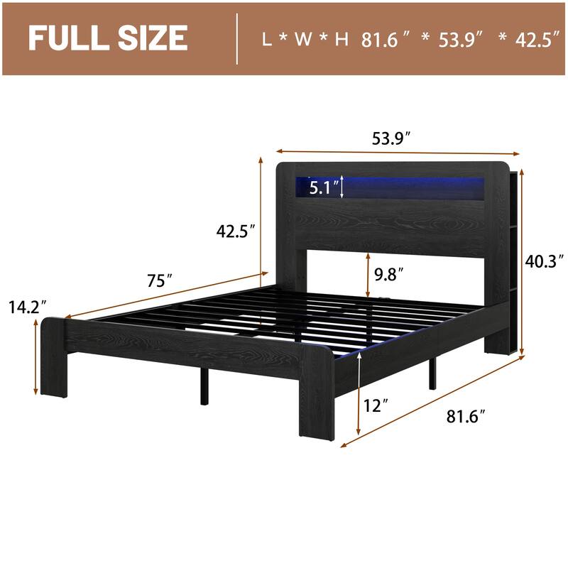 Wood Bed, Low Profile Platform Bed Frame with Storage Headboard Built-in LED Light and Charging Station