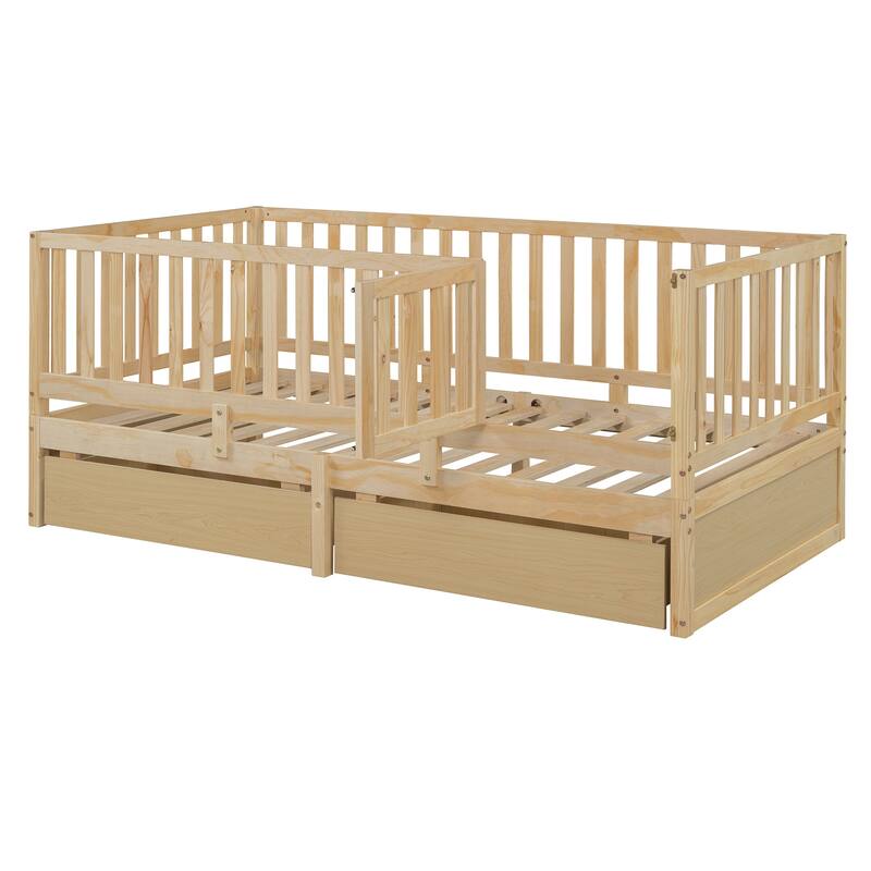 Wood Daybed with Fence Guardrails and 2 Drawers