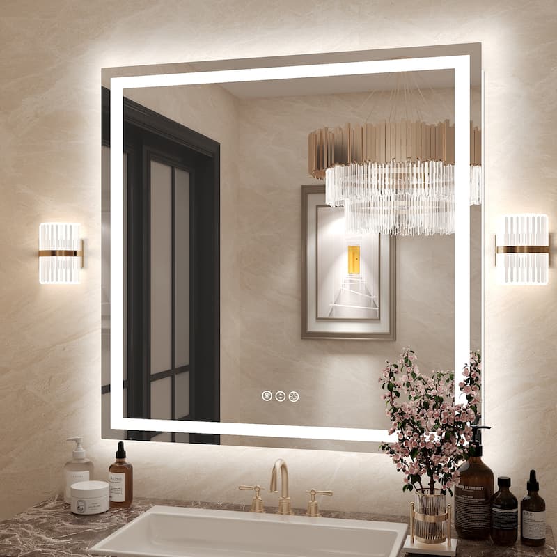Frameless LED Front Light and Backlit 3 Colors Dimmable Anti-Fog Wall Bathroom Vanity Mirror - 32" x 32"-Square Corner
