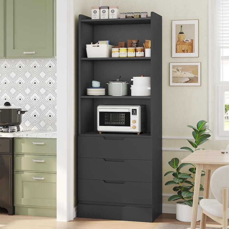 Kitchen Storage Cabinet Bookcase 3 Drawers Open Shelves
