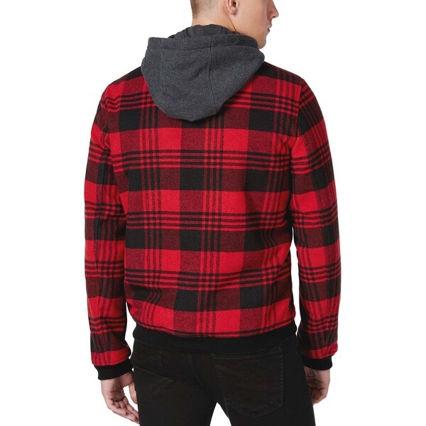 red and black plaid jacket with hood