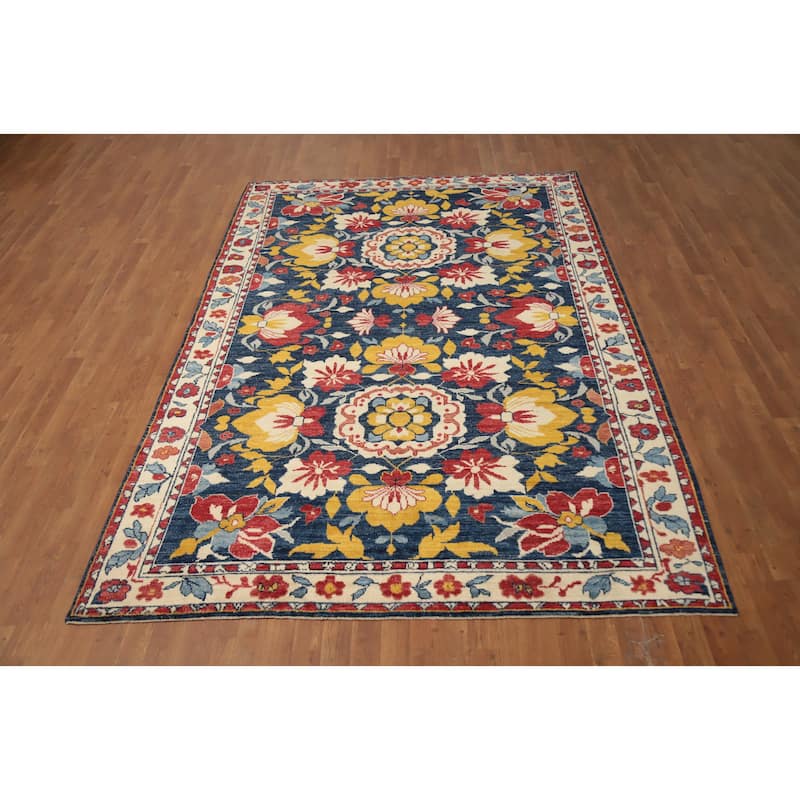 Hand Knotted Oriental 100% Wool Carpet Transitional All-Over Navy Blue & Blues Oushak Area Rug - 9' 10'' X 6' 6''