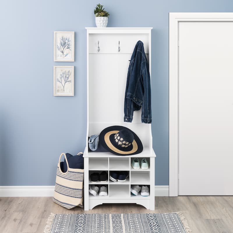 Prepac Hall Tree with Bench and Shoe Storage, Mudroom Bench with Storage and Hooks - 27" Narrow Hall Tree with 9 Shoe Cubbies - fresh white
