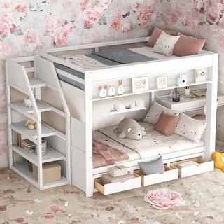 Wood Convertible Full Size Bunk Bed with Storage & Bedside Table