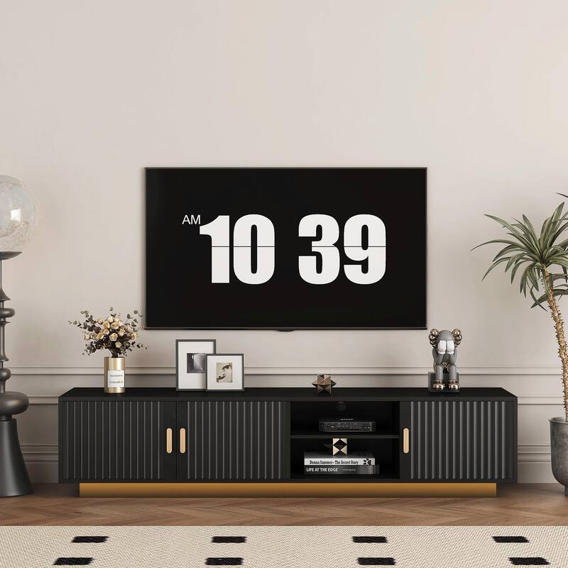 Mid-Century Modern TV Stand with LED Lights, Accommodates up to 80-Inch TV - Black