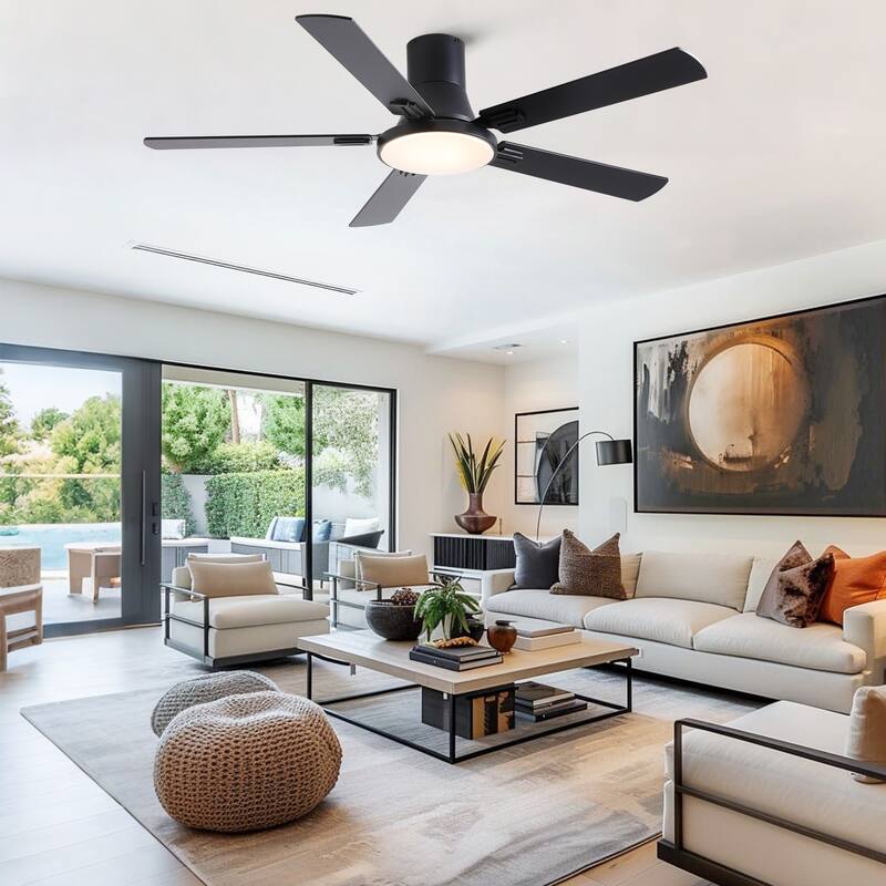 Sofucor 52 Inch Low Profile Flush Mount 5 Blades Ceiling Fan with Dimmable Light and Remote Control - 52 Inches