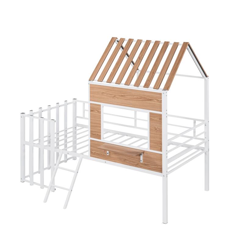 White Metal Twin Loft Bed with Roof, Window & Guardrail - 300LBS Capacity