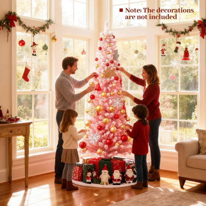 Gymax Pre-Lit Christmas Tree Slim Pencil Xmas Tree w/ Snow Flocked PVC