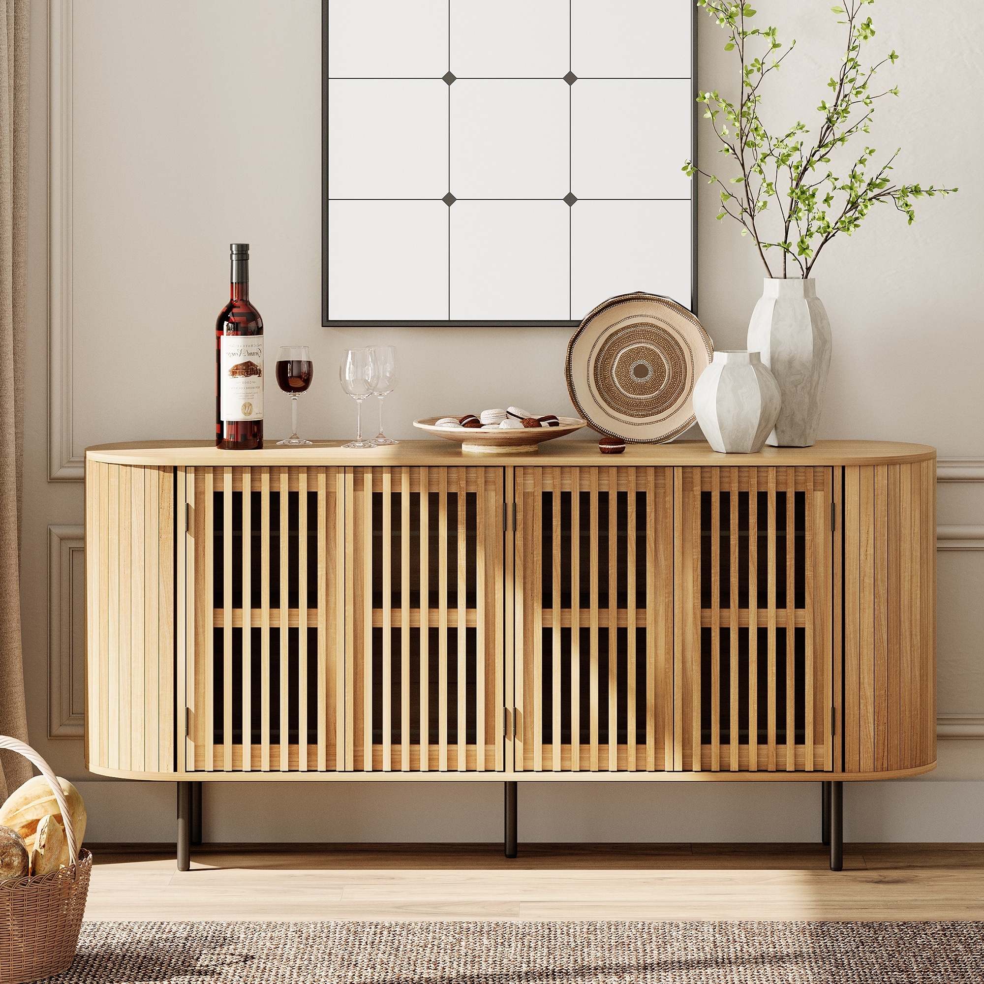 WAMPAT 66" Sideboard Buffet Cabinet, Fluted Accent Storage Cabinet
