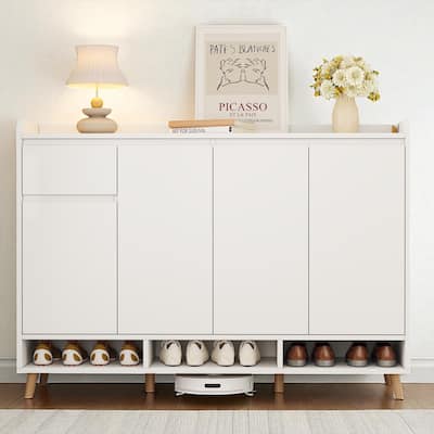 Modern Shoe Storage Cabinet with Adjustable Shelves and Drawer, Solid Wood Legs, Entryway Organizer Sideboard 55" Wide