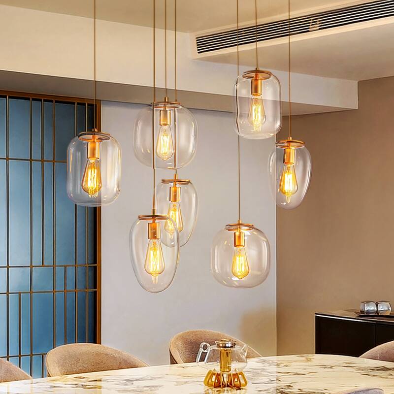 Mid-Century 7-Light Cluster Glass Globe Kitchen Island Pendant Chandelier - W35.43" - Gold