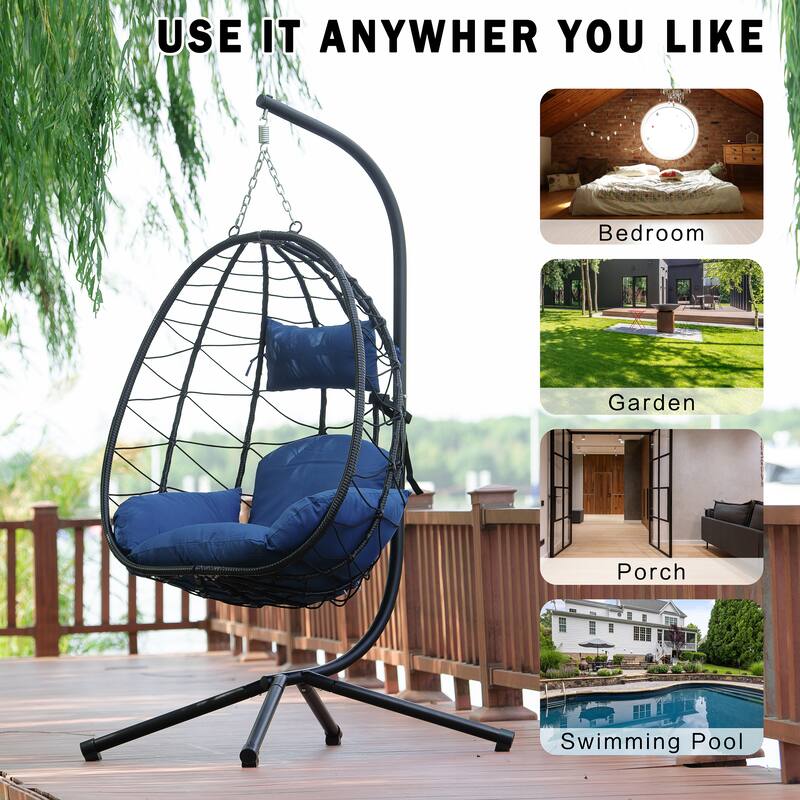 Rattan Hanging Chair with Stand & Cushion