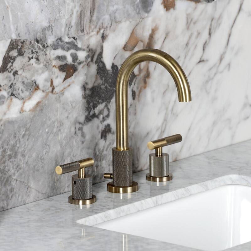 Kingston Brass Convergent Two-Handle 3-Hole Deck Mount Widespread Bathroom Faucet with Knurled Handle and Brass Pop-Up Drain