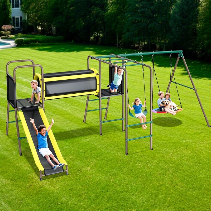 Hapfan 660lbs 5 in 1 Metal Swing Set with Slide Monkey Bars Crawl Tunnel and Trapeze Bar for Kids Outdoor Backyard Playset