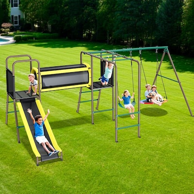 Hapfan 660lbs 5 in 1 Metal Swing Set with Slide Monkey Bars Crawl Tunnel and Trapeze Bar for Kids Outdoor Backyard Playset