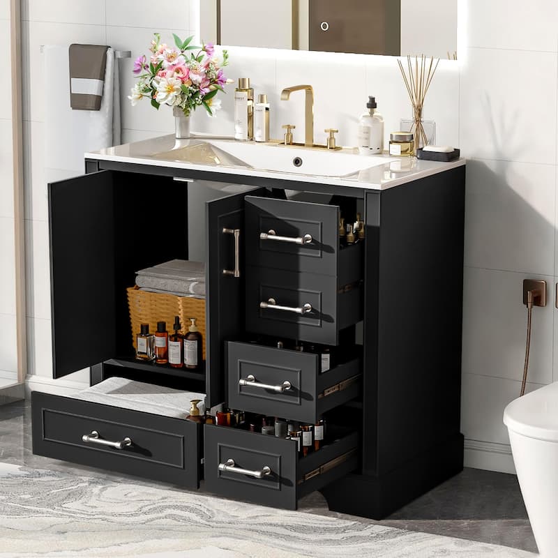 36" Traditional Bathroom Vanity with Ceramics Sink and 4 Drawers